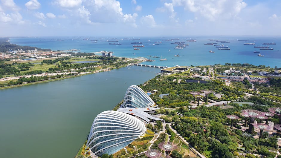 Explore the stunning aerial view of Gardens by the Bay and Marina Bay in Singapore.
