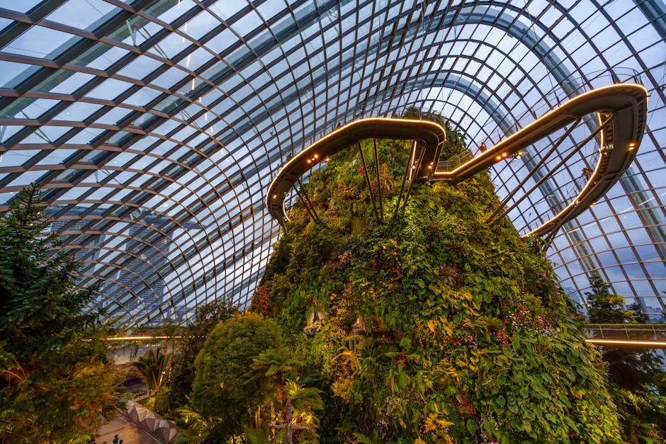 A stunning view of the Cloud Forest Dome's lush vegetation and walkways at Gardens by the Bay, Singapore.